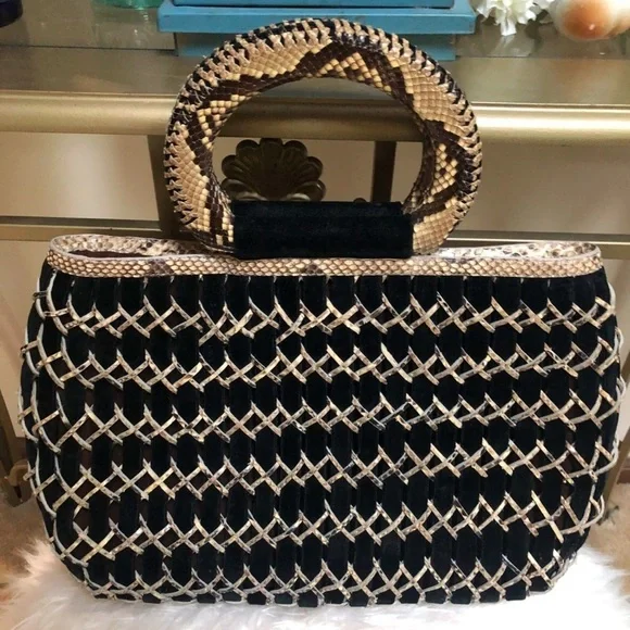 LUXURY PYTHON SNAKESKIN NANCY GONZALES BASKETWEAVE VELVET CLASSIC PURSE TOTE BAG - Picture 8 of 14